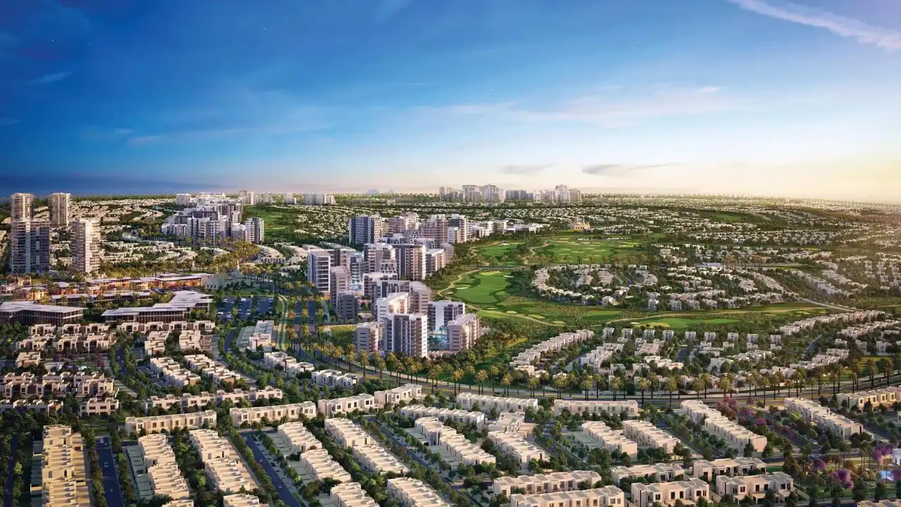 Golf Trails at Emaar South by Emaar Properties aerial view of the master planned community with golf course residential neighborhoods and modern buildings in Dubai Presented by Tohid Fetrat