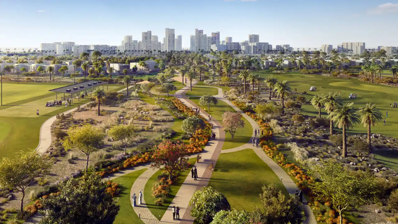 Golf Trails at Emaar South by Emaar Properties landscaped community park with walking paths gardens and championship golf course surroundings in Dubai Presented by Tohid Fetrat
