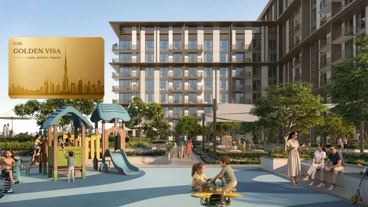 Golf Trails by Emaar in Emaar South Golden Visa eligibility concept with golf course residences and Golden Visa card in Dubai - Presented by Tohid Fetrat