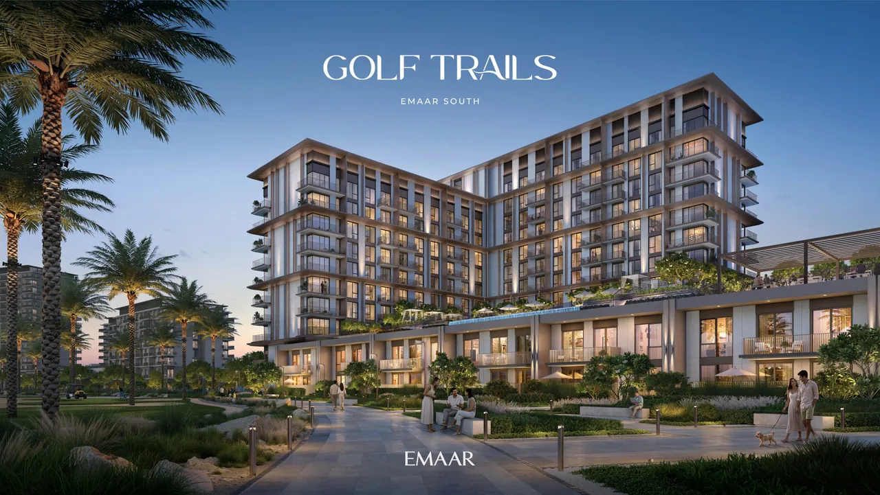 Golf Trails by Emaar in Emaar South golf course fairway with residences overlooking manicured greens and palm lined landscaping in Dubai - Presented by Tohid Fetrat