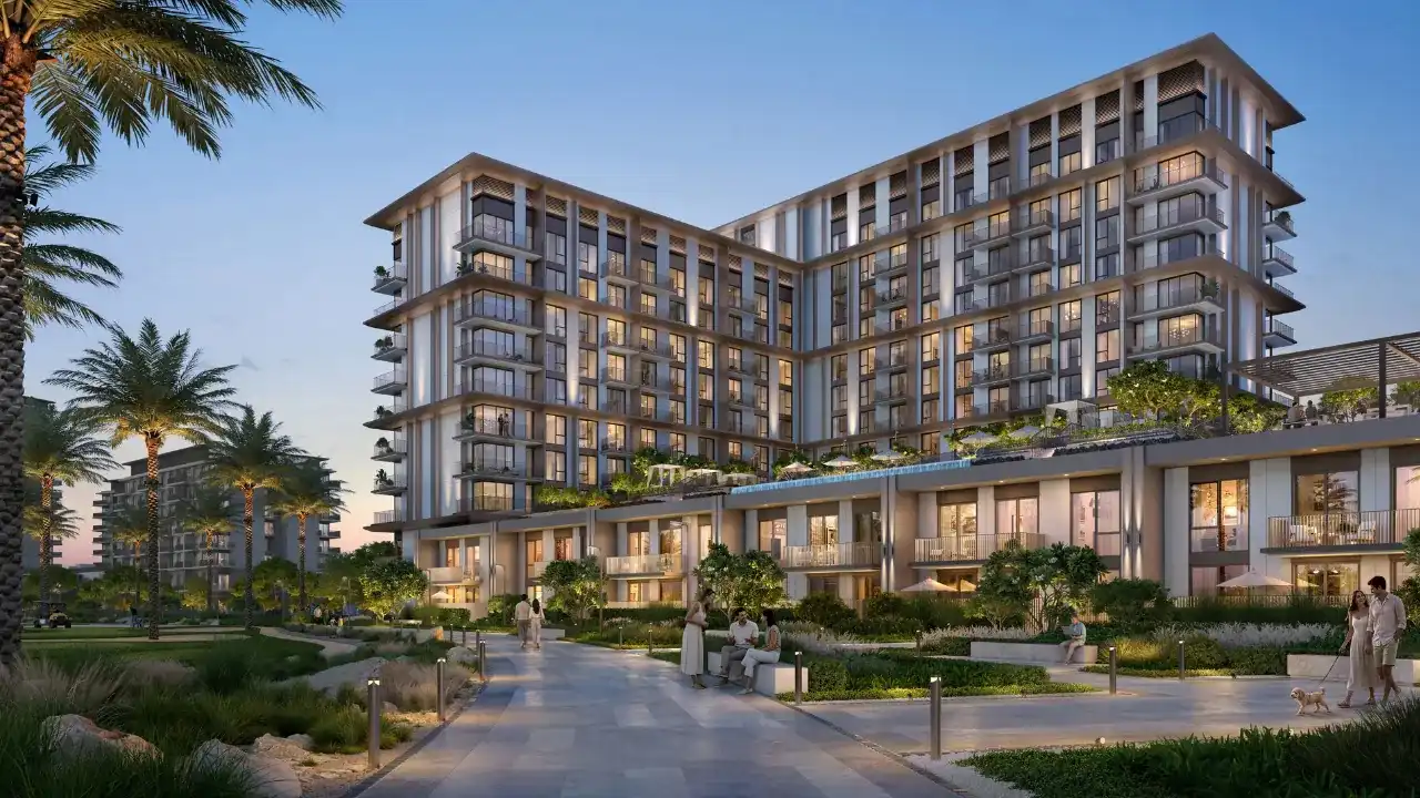 Golf Trails by Emaar in Emaar South golf course townhouse exterior with landscaped fairway greenery contemporary facade and open sky in Dubai - Presented by Tohid Fetrat