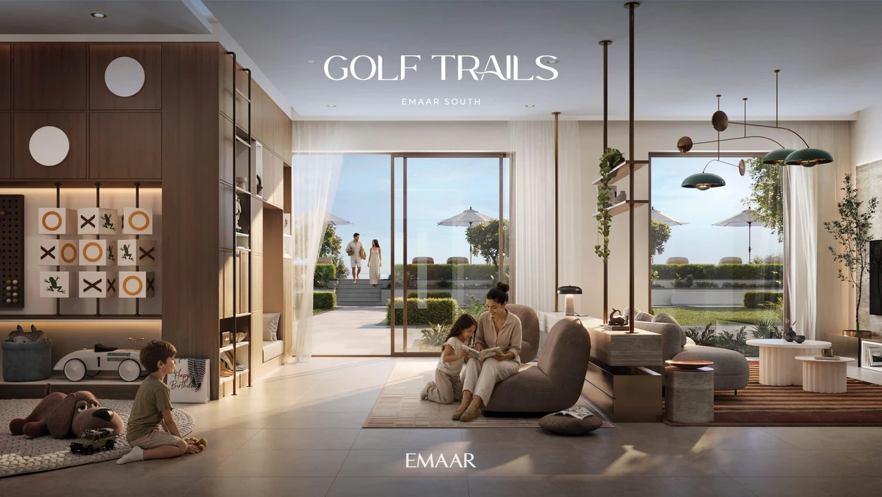 Golf Trails by Emaar in Emaar South indoor amenity lounge with fitness and social spaces warm finishes and garden views in Dubai - Presented by Tohid Fetrat