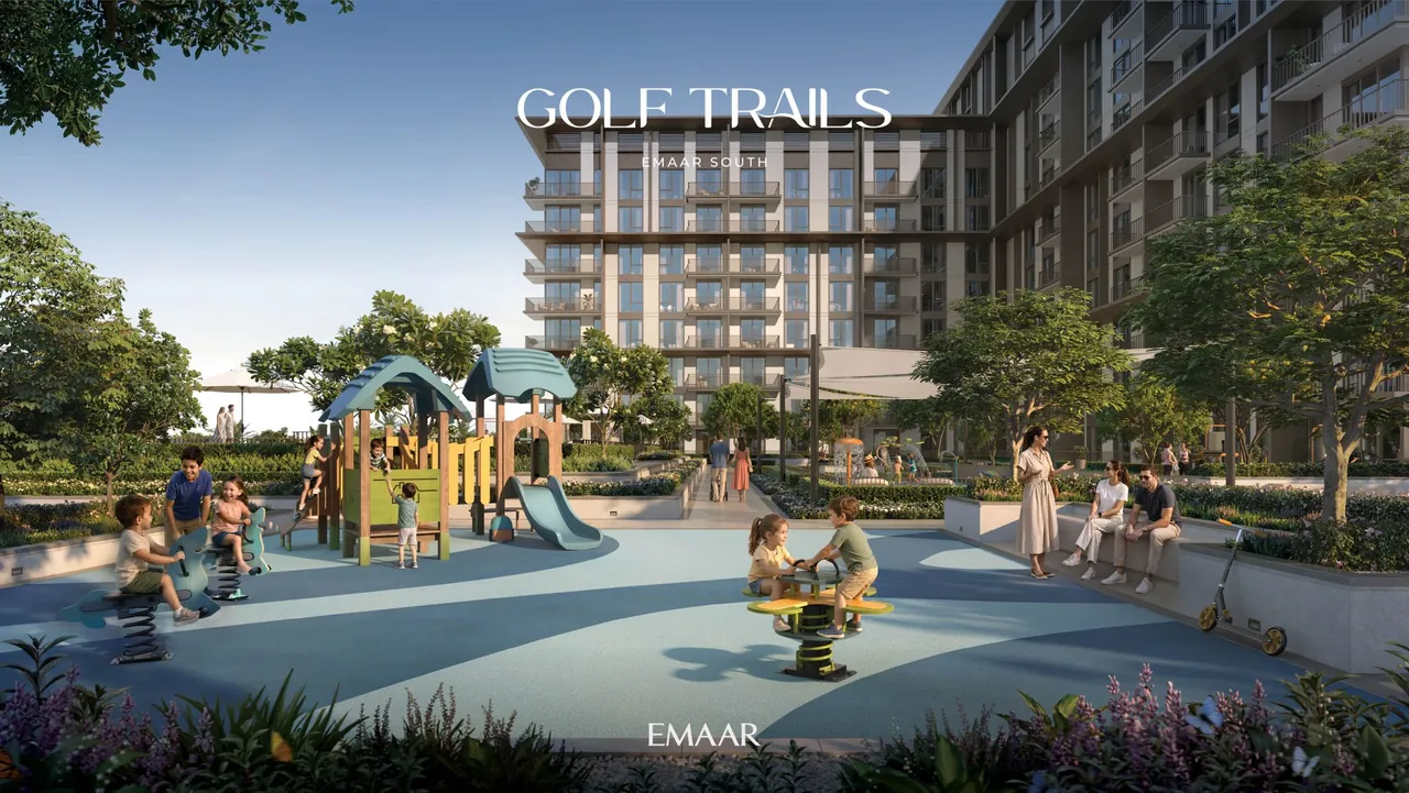 Golf Trails by Emaar in Emaar South townhouse facade street view with contemporary elevations landscaped verges and pedestrian pathways in Dubai - Presented by Tohid Fetrat