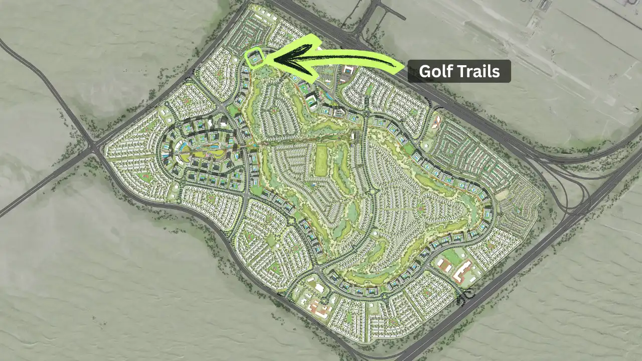 Golf Trails location within Emaar South masterplan showing the position of the Golf Trails residential development near the championship golf course in Dubai. Presented by Tohid Fetrat