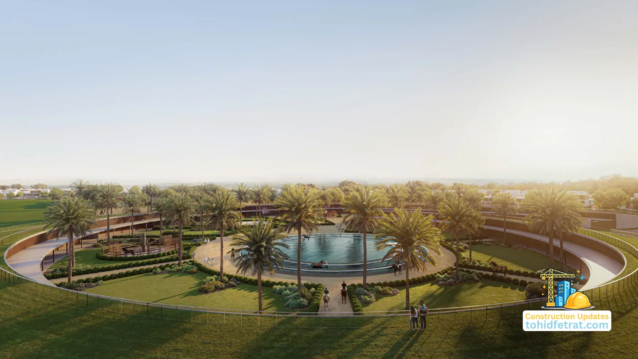 Grand Polo Club & Resort Construction Updates showing the central lagoon landscape and surrounding palm lined public spaces Presented by Tohid Fetrat