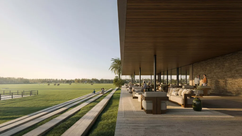 Grand Polo Club and Resort by Emaar polo club terrace overlooking the polo field in Dubai Presented by Tohid Fetrat