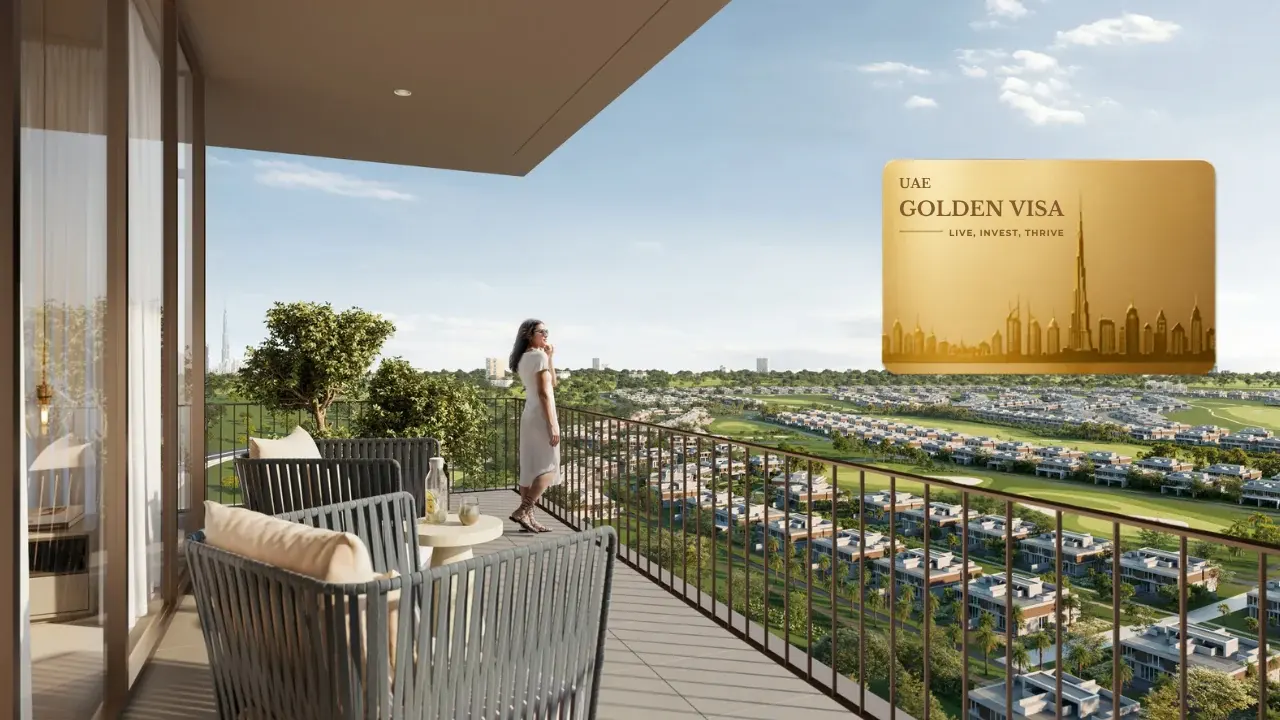 Greencrest by Emaar in Dubai Hills Estate Golden Visa eligibility concept with residential towers and Golden Visa card in Dubai - Presented by Tohid Fetrat