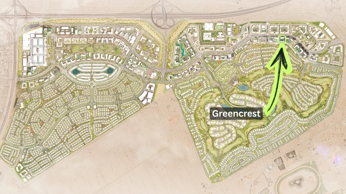 Greencrest by Emaar in Dubai Hills Estate location map showing the position of the development within the community beside the golf course and central park in Dubai - Presented by Tohid Fetrat
