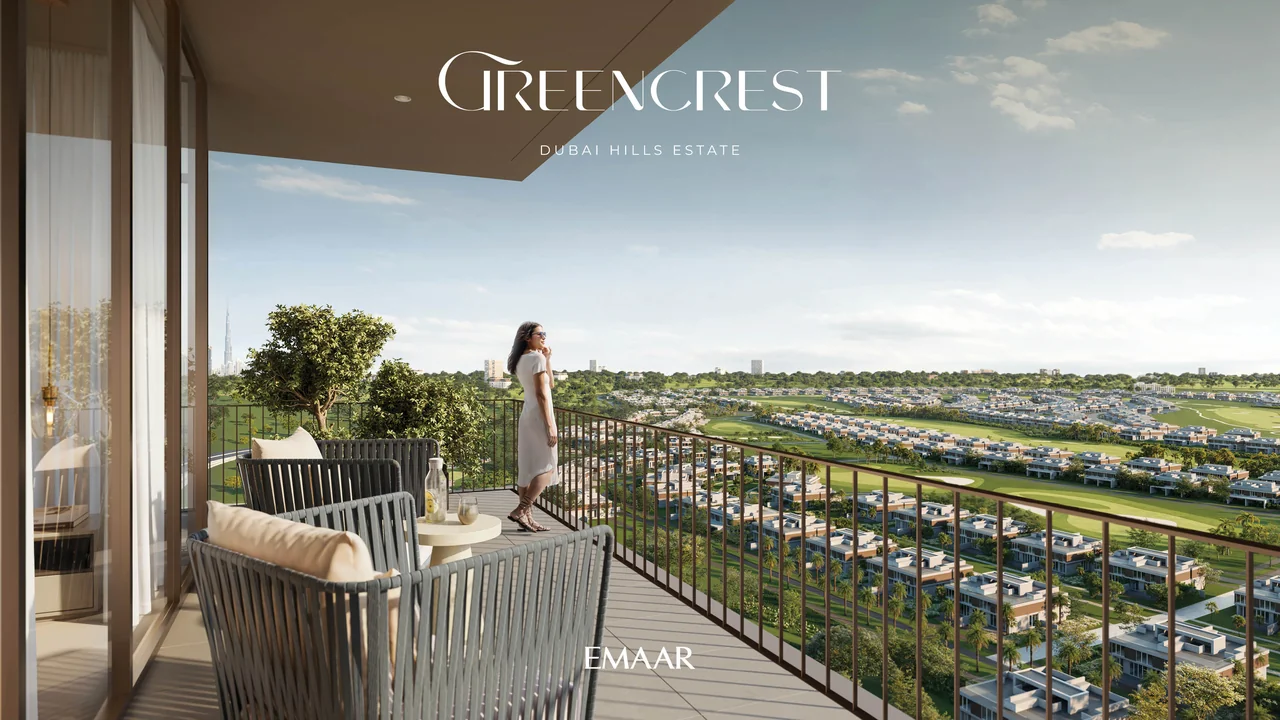 Greencrest by Emaar in Dubai Hills Estate podium garden lounge deck with shaded seating and green landscaping in Dubai - Presented by Tohid Fetrat