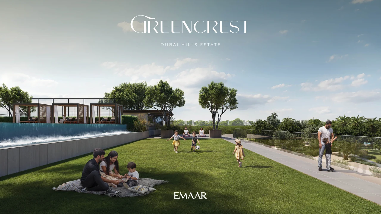 Greencrest by Emaar in Dubai Hills Estate pool terrace with open water views and skyline outlook in Dubai - Presented by Tohid Fetrat