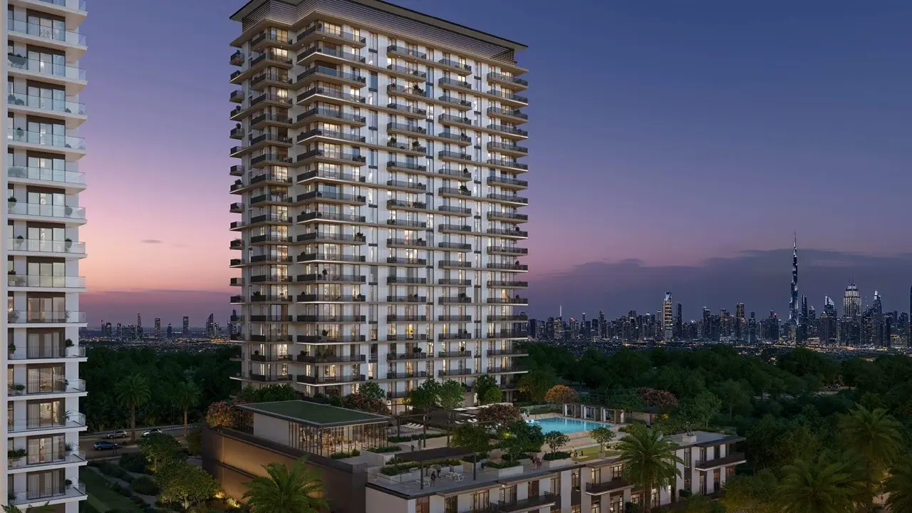 Greencrest by Emaar in Dubai Hills Estate residential towers with planted terraces overlooking landscaped parkland and the Dubai skyline in Dubai - Presented by Tohid Fetrat