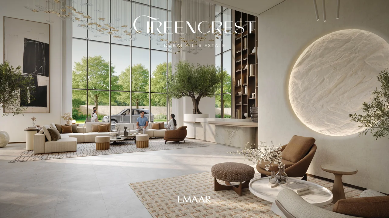 Greencrest by Emaar in Dubai Hills Estate indoor residents lounge with soft seating warm lighting and garden outlook in Dubai - Presented by Tohid Fetrat