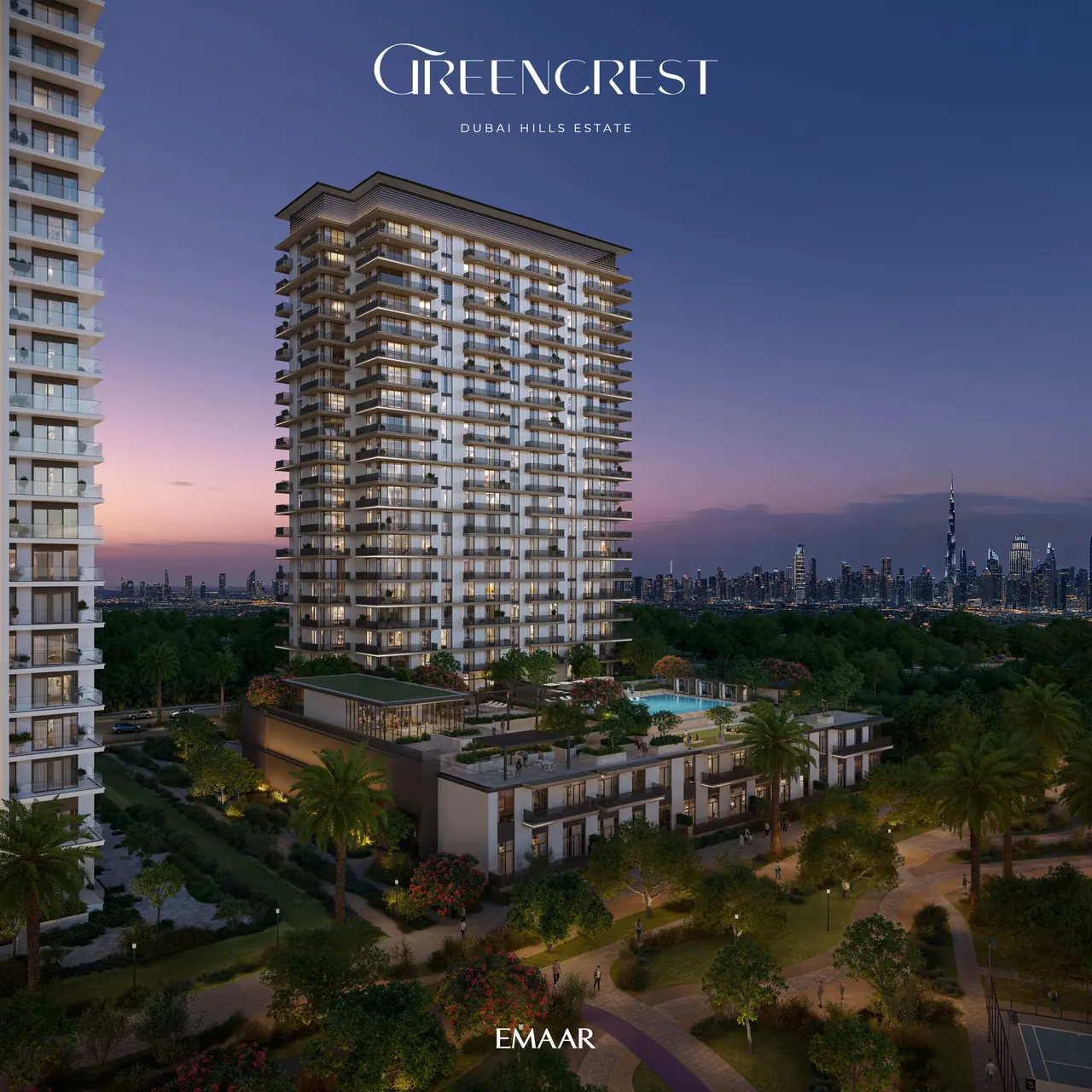 Greencrest by Emaar in Dubai Hills Estate residential towers with landscaped gardens and mature planting at ground level in Dubai - Presented by Tohid Fetrat