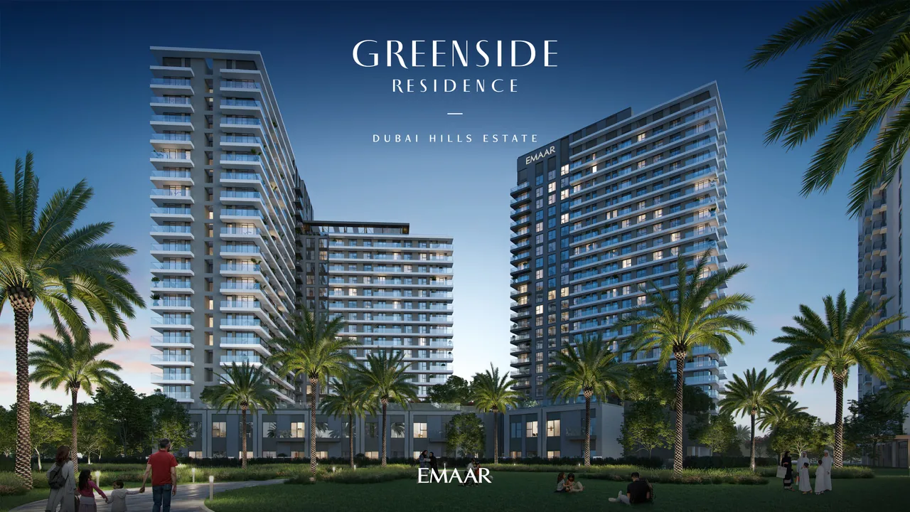 Greenside Residence by Emaar in Dubai Hills Estate aerial view of the green residential cluster with landscaped grounds pool and parkland in Dubai - Presented by Tohid Fetrat
