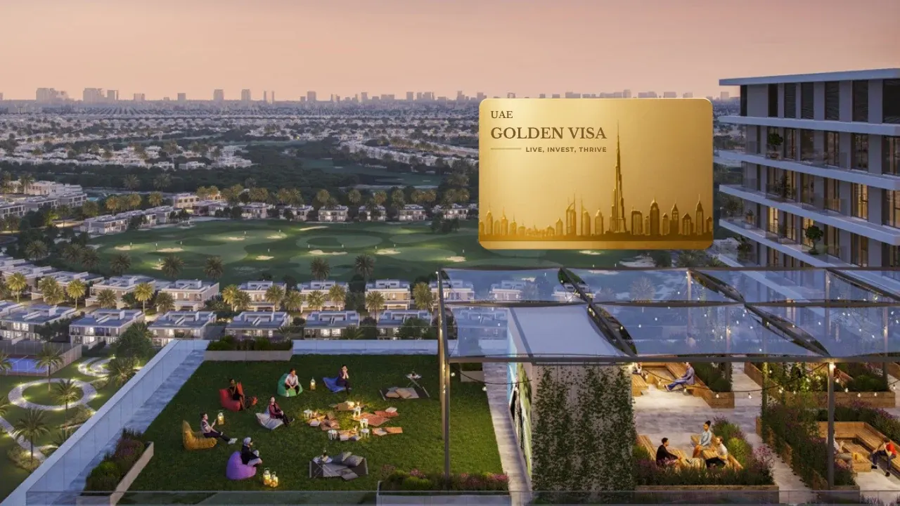 Greenside Residence by Emaar in Dubai Hills Estate Golden Visa eligibility concept with the residential development and Golden Visa card in Dubai Presented by Tohid Fetrat