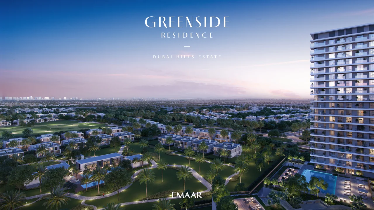 Greenside Residence by Emaar in Dubai Hills Estate landscaped park walkway with lush greenery shaded pathways and residential buildings in Dubai - Presented by Tohid Fetrat