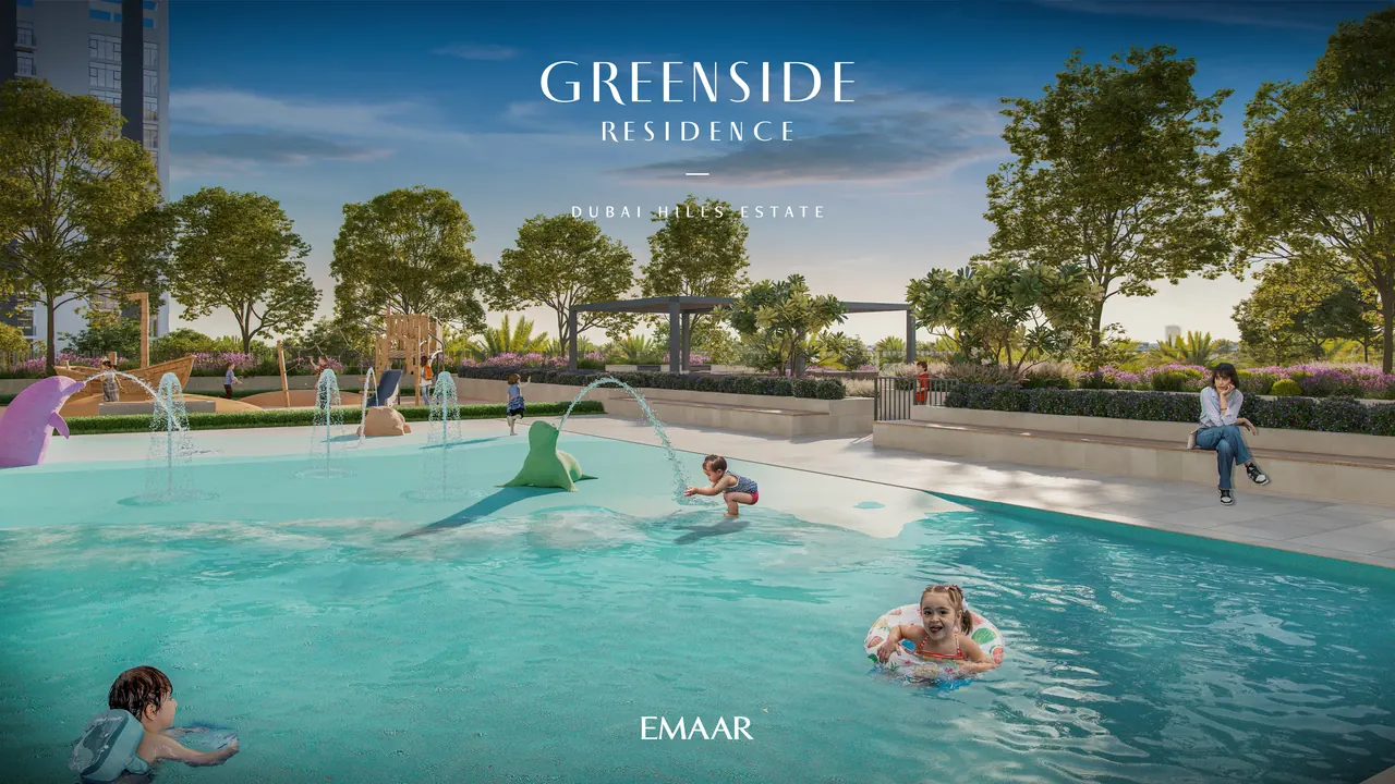 Greenside Residence by Emaar in Dubai Hills Estate rooftop terrace and pool at dusk with lounge seating and skyline views in Dubai - Presented by Tohid Fetrat