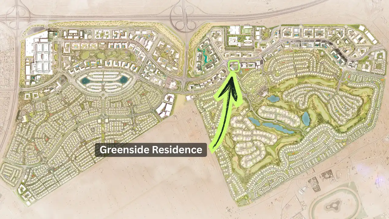 Greenside Residence location within Dubai Hills Estate masterplan showing the position of Greenside Residence near the golf course and central park in Dubai. Presented by Tohid Fetrat