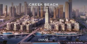 Lotus at Dubai Creek Harbour by Emaar Properties featuring an aerial view of Creek Beach waterfront, residential buildings, landscaped promenades, and the Dubai skyline in Dubai Presented by Tohid Fetrat