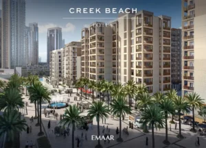 Lotus at Dubai Creek Harbour by Emaar Properties featuring the landscaped community square with palm lined walkways, a central fountain, and contemporary residential buildings in Dubai Presented by Tohid Fetrat