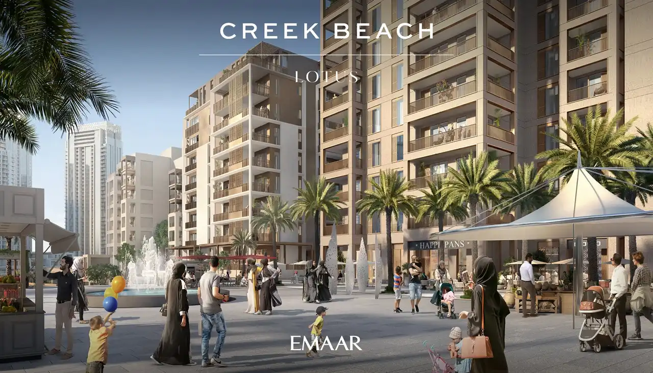 Lotus at Dubai Creek Harbour by Emaar Properties overlooking the vibrant Creek Beach community plaza with landscaped walkways, retail cafés, and residential buildings in Dubai Presented by Tohid Fetrat