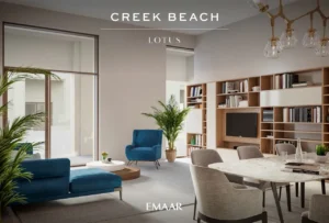 Lotus at Dubai Creek Harbour by Emaar Properties featuring a contemporary living and dining room with built in shelving, floor to ceiling windows, and elegant interior design in Dubai Presented by Tohid Fetrat