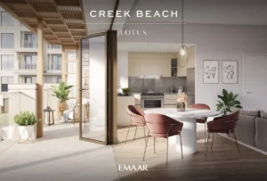 Lotus at Dubai Creek Harbour by Emaar Properties featuring an open plan living and dining area with a modern kitchen, spacious terrace, and contemporary interior design in Dubai Presented by Tohid Fetrat