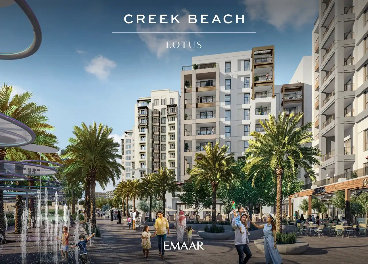 Lotus at Dubai Creek Harbour by Emaar Properties featuring the vibrant retail promenade with landscaped walkways, palm trees, water fountains, outdoor cafés, and contemporary residential buildings in Dubai Presented by Tohid Fetrat