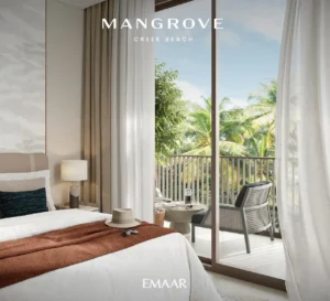 Mangrove at Dubai Creek Harbour by Emaar Properties serene bedroom interior with balcony seating, floor to ceiling window and palm tree views in Dubai Presented by Tohid Fetrat