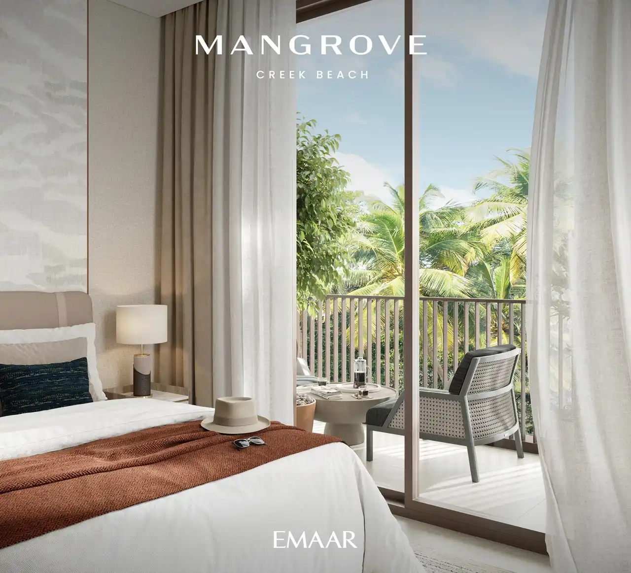 Mangrove at Dubai Creek Harbour by Emaar Properties serene bedroom interior with balcony seating, floor to ceiling window and palm tree views in Dubai Presented by Tohid Fetrat