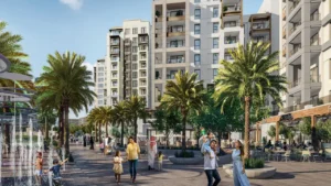 Mangrove at Dubai Creek Harbour by Emaar Properties vibrant community promenade with palm trees, water fountains, outdoor dining and residential buildings in Dubai Presented by Tohid Fetrat