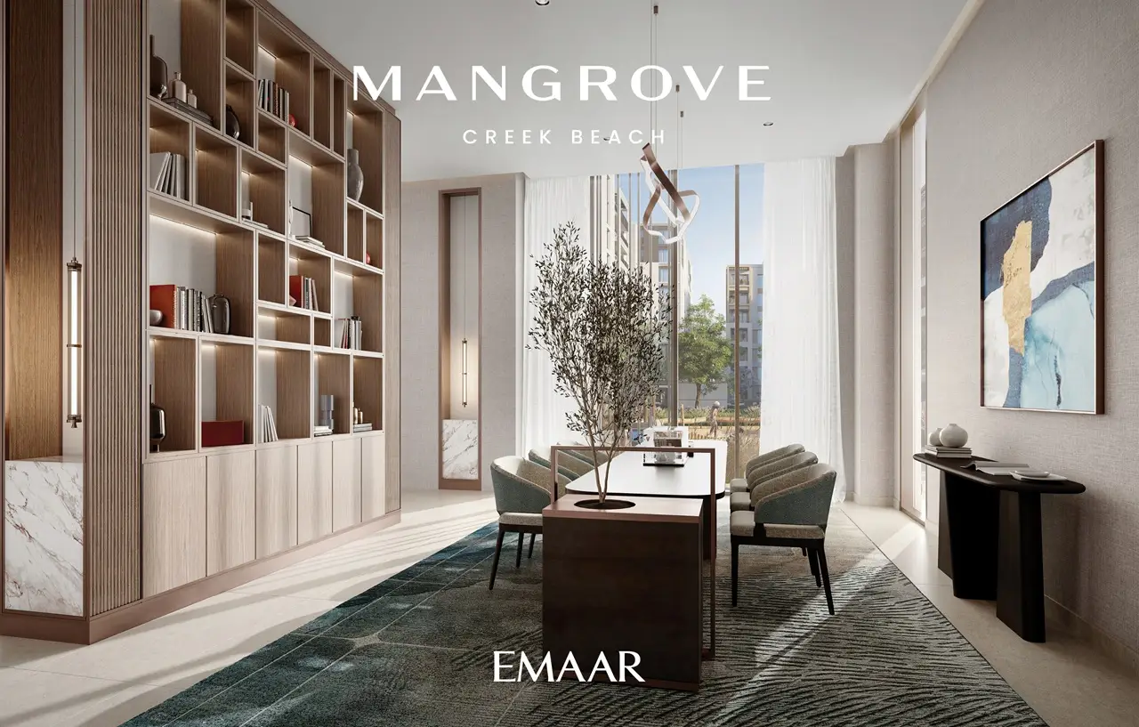 Mangrove at Dubai Creek Harbour by Emaar Properties elegant dining interior with built in shelving, warm wood finishes and floor to ceiling windows in Dubai - Presented by Tohid Fetrat