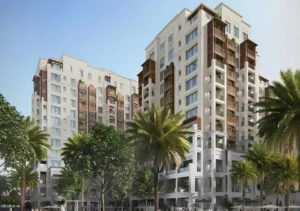 Mangrove at Dubai Creek Harbour by Emaar Properties residential exterior architecture with landscaped podium, balconies and palm trees in Dubai - Presented by Tohid Fetrat