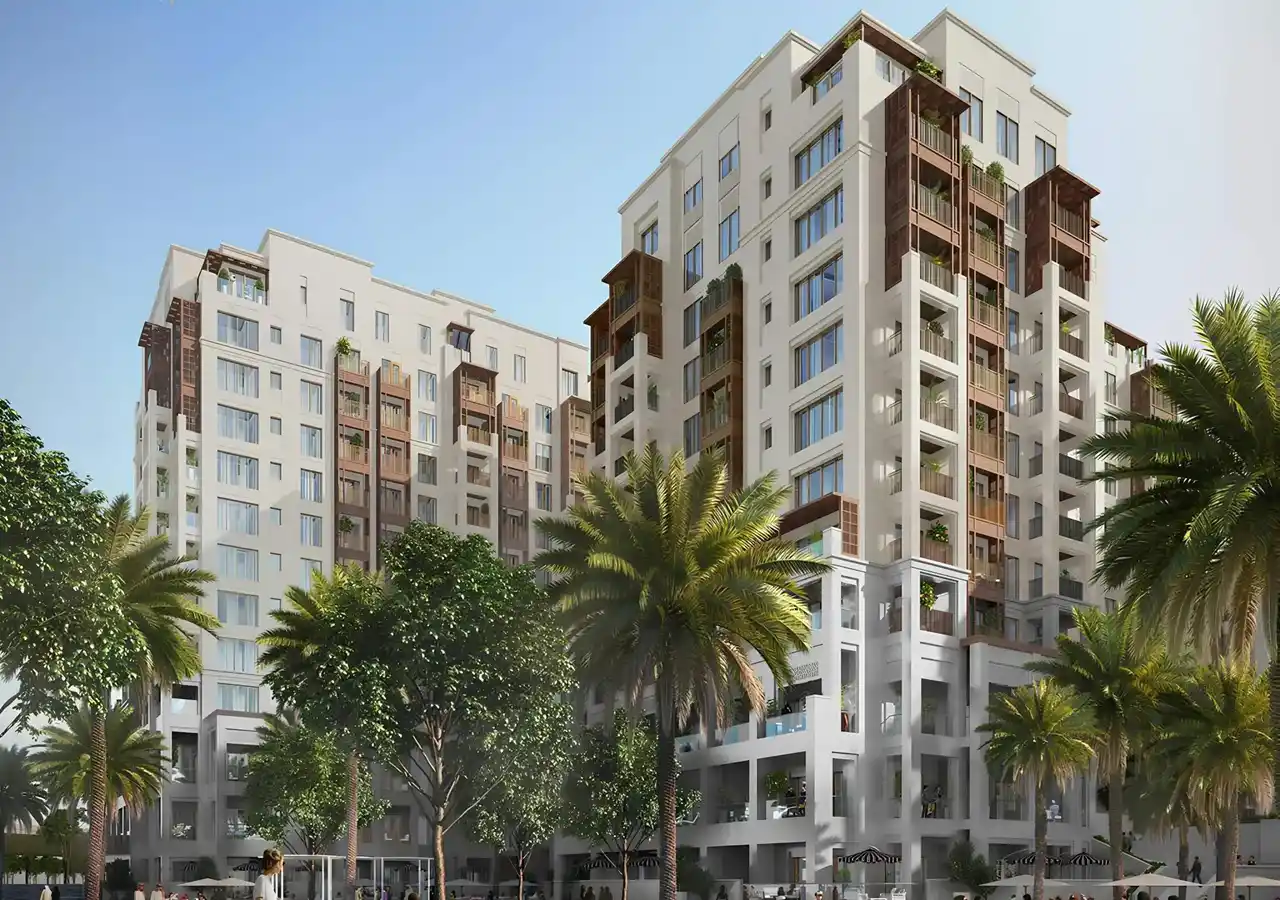 Mangrove at Dubai Creek Harbour by Emaar Properties residential exterior architecture with landscaped podium, balconies and palm trees in Dubai - Presented by Tohid Fetrat