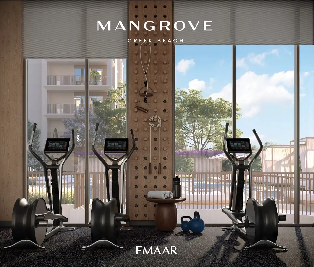 Mangrove at Dubai Creek Harbour by Emaar Properties modern fitness gym with cardio equipment, climbing wall detail and large community view windows in Dubai Presented by Tohid Fetrat