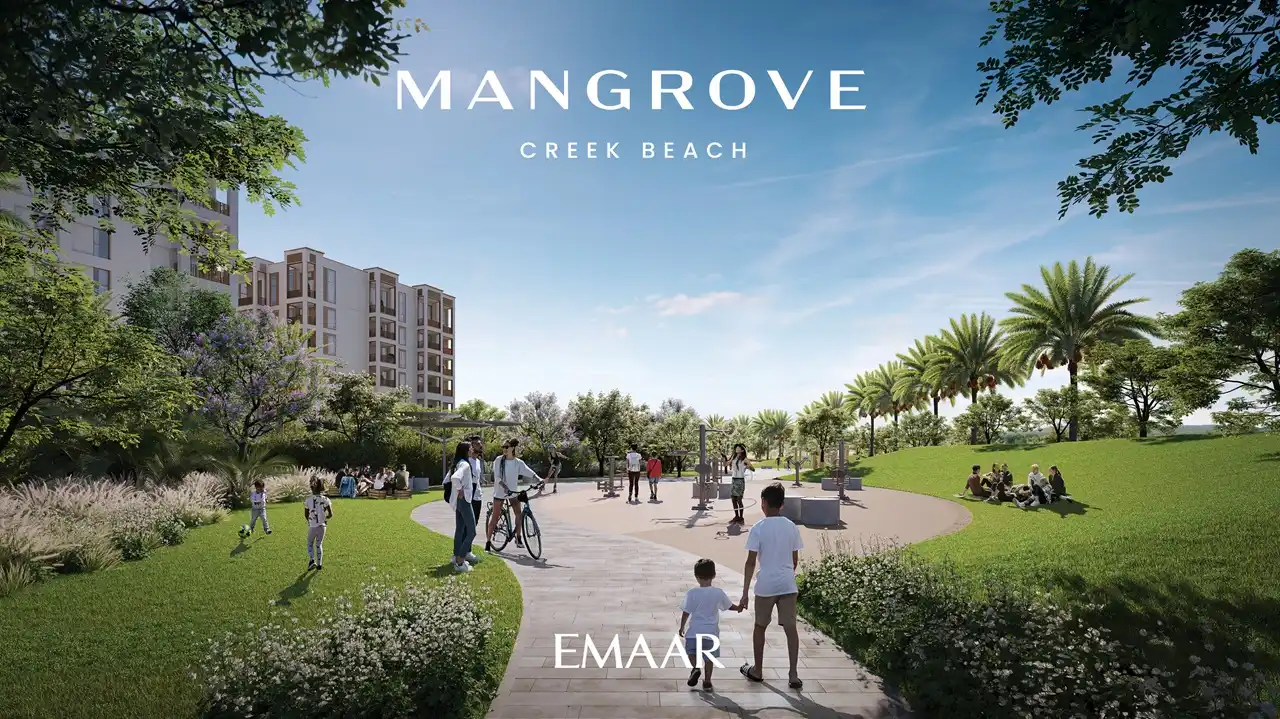 Mangrove at Dubai Creek Harbour by Emaar Properties landscaped community park with walking paths, green lawns, palm trees and family outdoor spaces in Dubai Presented by Tohid Fetrat
