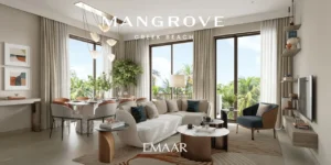 Mangrove at Dubai Creek Harbour by Emaar Properties bright living and dining interior with floor to ceiling windows, balcony views and modern soft furnishings in Dubai Presented by Tohid Fetrat