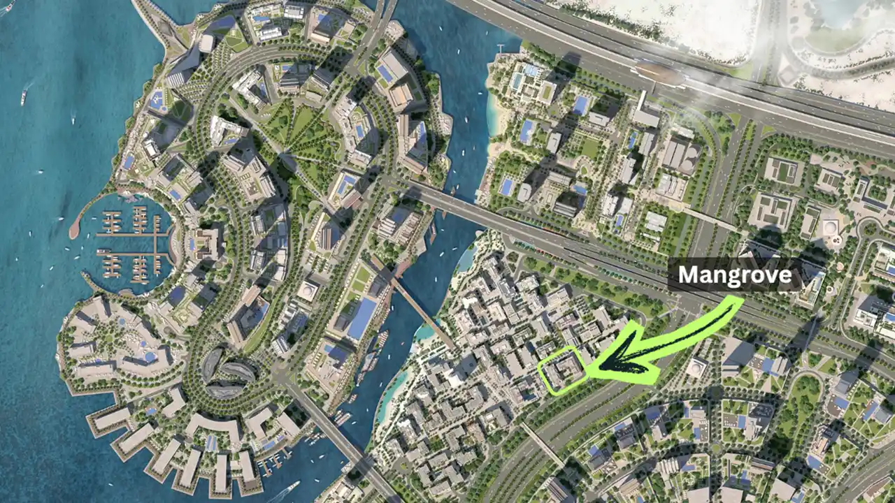Mangrove at Dubai Creek Harbour by Emaar Properties location map showing the project position within Dubai Creek Harbour and Creek Beach in Dubai Presented by Tohid Fetrat