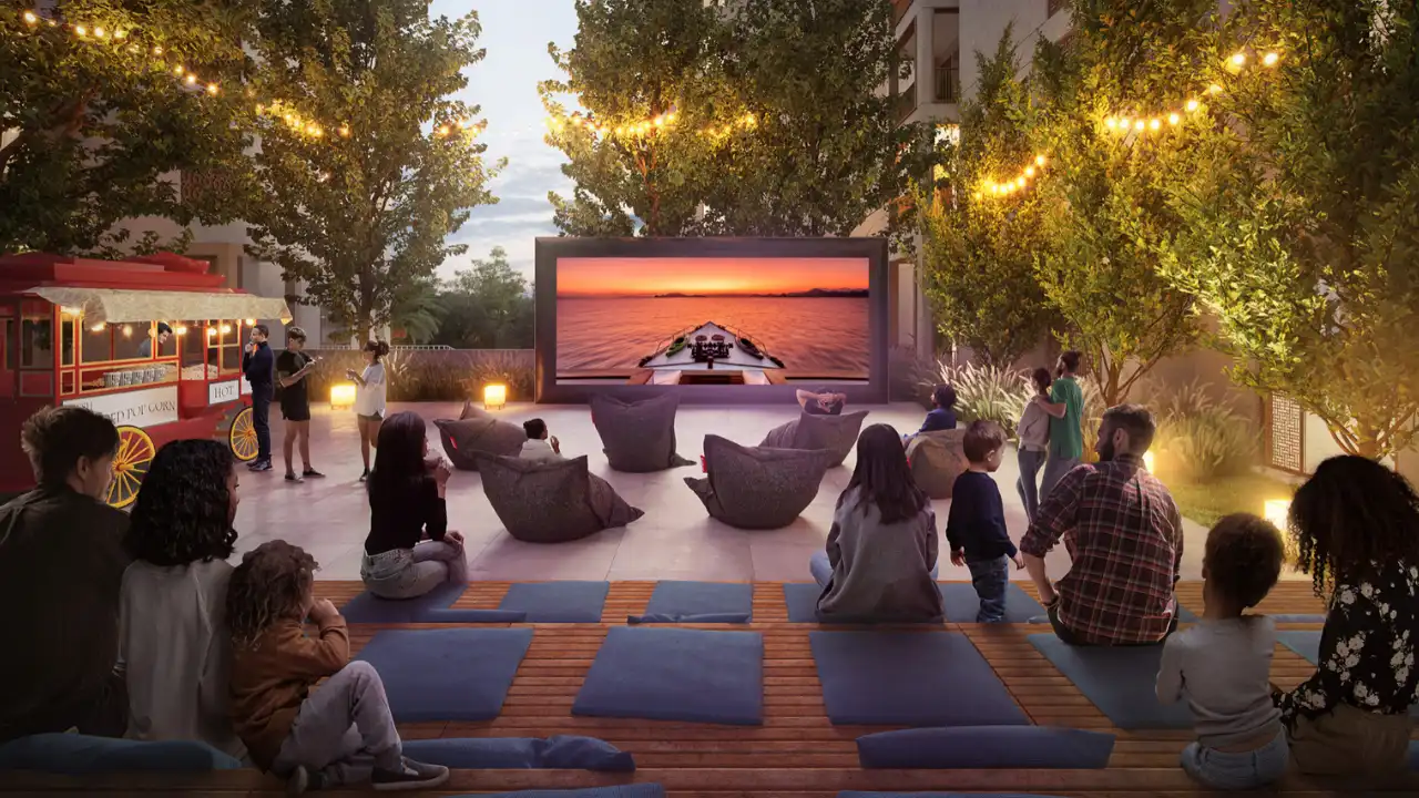 Mangrove at Dubai Creek Harbour by Emaar Properties outdoor cinema with garden seating, string lights, food cart and family entertainment space in Dubai Presented by Tohid Fetrat