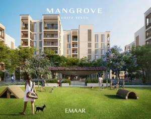 Mangrove at Dubai Creek Harbour by Emaar Properties pet friendly landscaped park with residential buildings, green lawn, shaded seating and community outdoor space in Dubai Presented by Tohid Fetrat