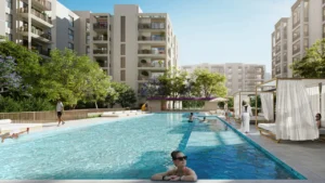 Mangrove at Dubai Creek Harbour by Emaar Properties outdoor swimming pool with landscaped courtyard, cabanas, loungers and residential buildings in Dubai Presented by Tohid Fetrat
