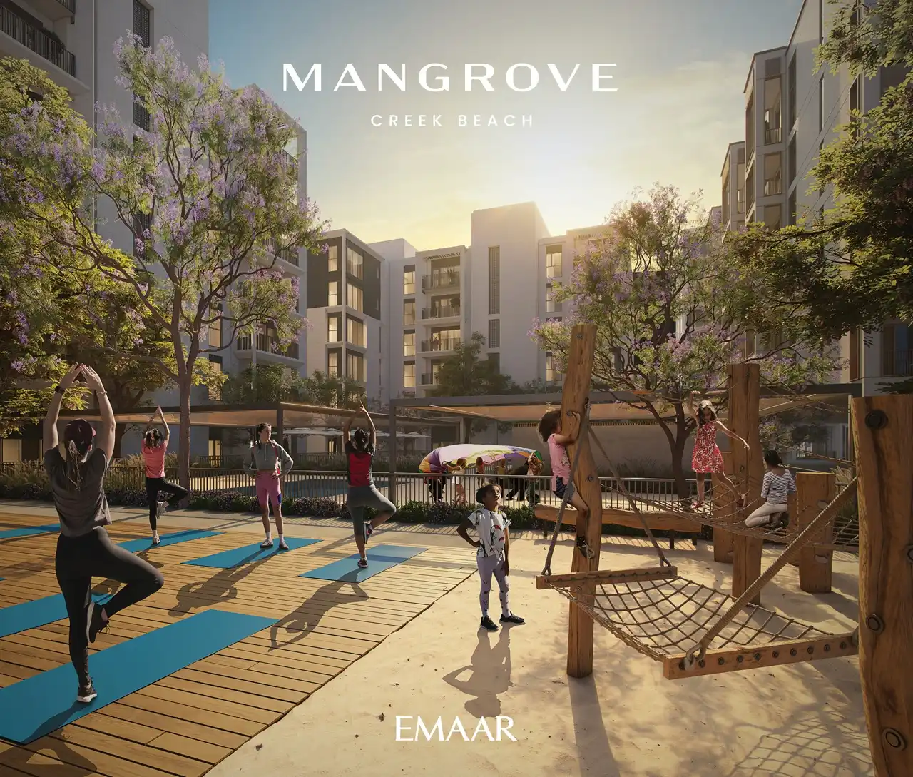 Mangrove at Dubai Creek Harbour by Emaar Properties outdoor yoga deck and children play area with landscaped courtyard and residential buildings in Dubai Presented by Tohid Fetrat