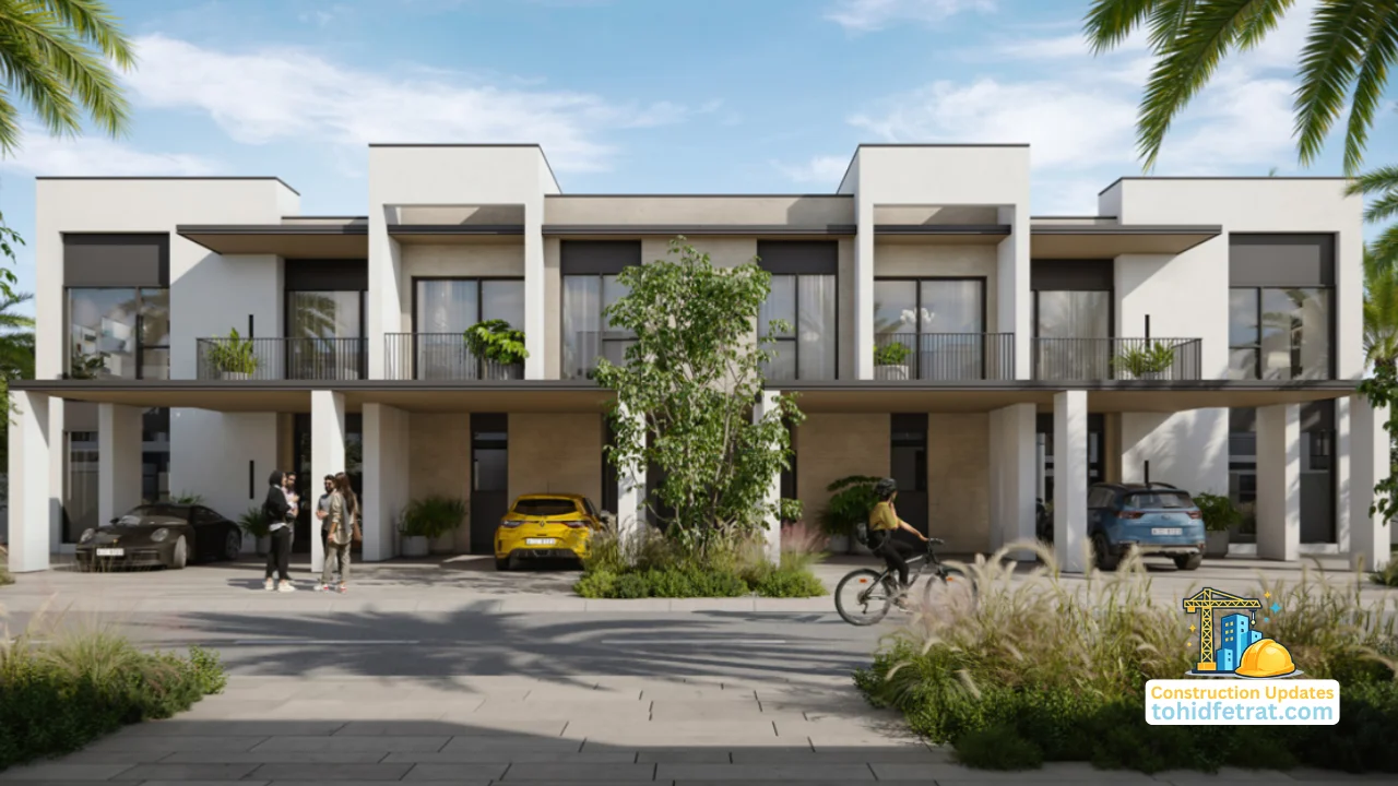 Architectural rendering of contemporary townhouses at May at Arabian Ranches 3 featured on the May at Arabian Ranches 3 Construction Update June 2026 page. Presented by Tohid Fetrat