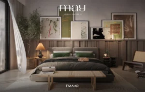 May at Arabian Ranches 3 by Emaar Properties contemporary bedroom interior with elegant furnishings, warm finishes, and floor to ceiling window in Dubai Presented by Tohid Fetrat