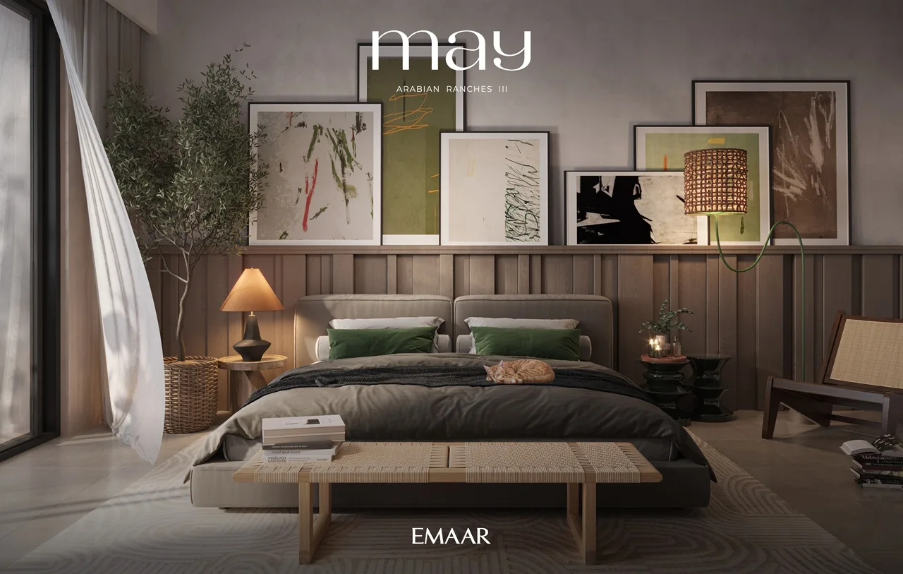 May at Arabian Ranches 3 by Emaar Properties contemporary bedroom interior with elegant furnishings, warm finishes, and floor to ceiling window in Dubai Presented by Tohid Fetrat