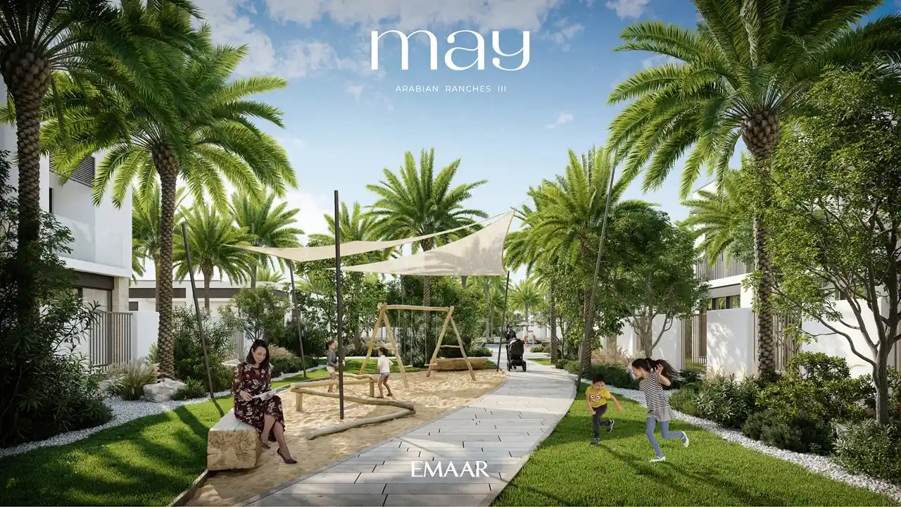 May at Arabian Ranches 3 by Emaar Properties landscaped community playground with shaded children's play area and walking paths in Dubai Presented by Tohid Fetrat