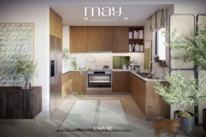 May at Arabian Ranches 3 by Emaar Properties contemporary kitchen interior with premium cabinetry, marble backsplash, and natural light in Dubai Presented by Tohid Fetrat