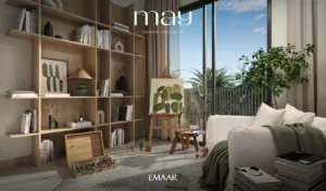 May at Arabian Ranches 3 by Emaar Properties contemporary living room interior with floor to ceiling windows and garden views in Dubai Presented by Tohid Fetrat