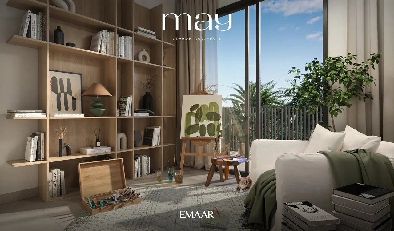 May at Arabian Ranches 3 by Emaar Properties contemporary living room interior with floor to ceiling windows and garden views in Dubai Presented by Tohid Fetrat