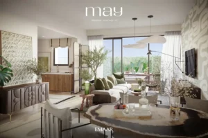May at Arabian Ranches 3 by Emaar Properties contemporary open plan living room with dining area, modern kitchen, and garden views in Dubai Presented by Tohid Fetrat